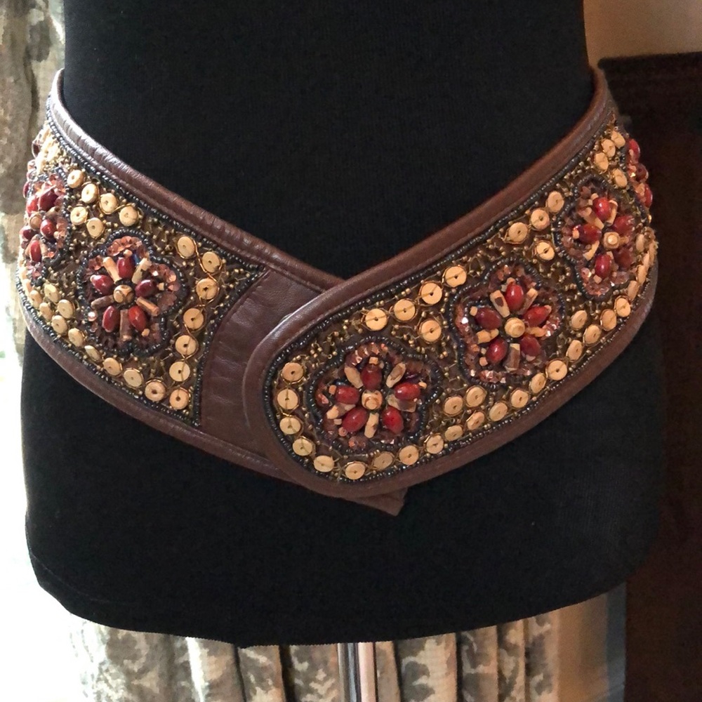 IBISCO Boho Wide Leather & Fabric Beaded Belt - Picture 1 of 6